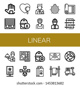 Set of linear icons such as Gloves, Blinds, Heart, Engineer, Waiter, Boxer, Woodlouse, Yoga mat, Foosball, Stand, Newspaper, Distributed, Juice box, Invoice, Clothes line , linear