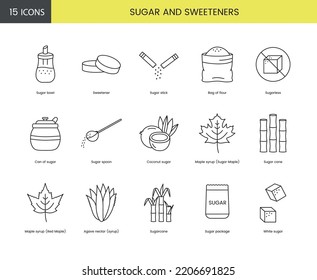 A set of linear icons in the sugar and sweeteners vector includes maple, coconut and bag of flour and sugarless, cane and agave nectar, sugarcane.