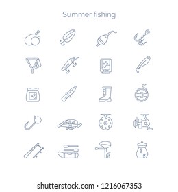 Set of linear icons for summer fishing. Vector illustration of tools and objects.