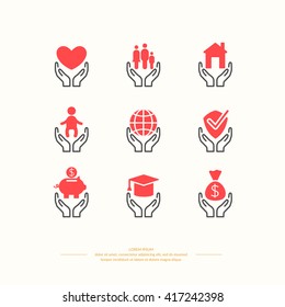 Set Of Linear Icons Support And Care. Set Conceptual Icons Life Insurance And Property.