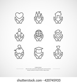 Set Of Linear Icons Support And Care. Set Conceptual Icons Life Insurance And Property.