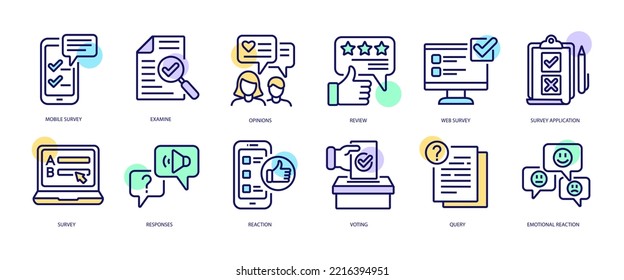 Set of linear icons with Survey concept in purple, yellow on blue colors. Icons present different types of online and paper survey. Vector illustration.