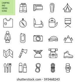 Set of linear icons and symbols for camping, hiking, tourism. Camping, hiking, outdoor activities outline icons. Vector illustration.