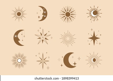 Set of linear icons and symbols - stars, moon, sun. Design elements for logo, decoration in a modern minimalist style. Vector flat illustration