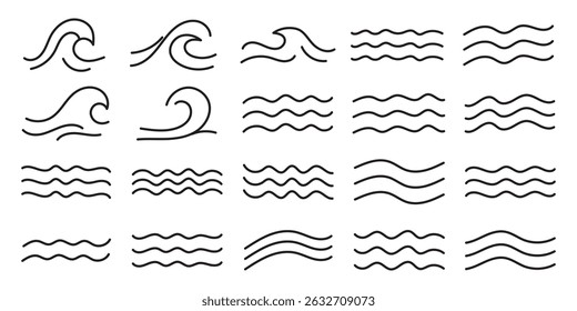 set of linear icons with symbols of water, river and sea
