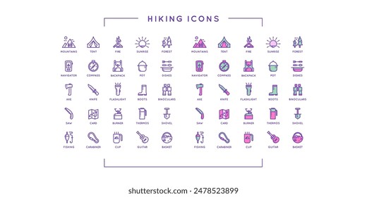 A set of linear icons. The theme of tourism and nature walks. Vector illustration. Minimalistic graphics. 25 vector Icons.