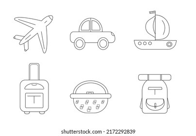 Set Of Linear Icons Travel: Plane, Car, Ship, Suitcase, Picnic Basket, Backpack. Use: Social Networks, Flyers, Tickets, Badges, Themed Parties, Posters, Postcards, Stamps, Shop Signs, Price Tags.