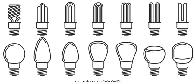 Set of linear icons of a various Light bulbs. Outline Lamp icons isolated. Vector illustration.