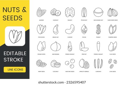 Set of linear icons in vector seeds and nuts, pecan and walnut, hazelnut and almond, macadamia and sunflower seeds, brazil nut and pistachios, pecan and cashew, pignoli and peanut, editable stroke