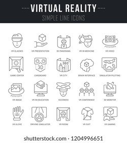 Set of linear icons of virtual reality with names. Collection vector thin line icons and infographics elements.