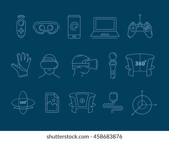 set of linear icons virtual reality accessories. 360 degree view. Rotation arrows. Gloves and helmet. Illustrations isolate on dark background