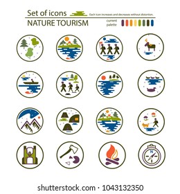 Set of linear icons. Walking and on the street, nature, mountains, forest. Hiking, a tourist and a group of tourists. Base camp and accessories. A set of icons for camping