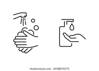 A set of linear icons for washing hands under the tap and using liquid detergent in a bottle.