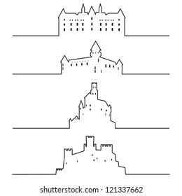 Set of linear illustration of medieval castles.