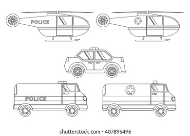 Set of linear illustrations with the image of police and medical car and helicopter