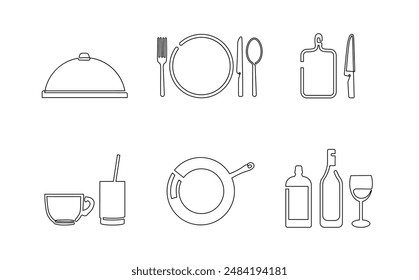 A set of linear illustrations on a culinary theme. Can be used as graphic vector elements to decorate cooking websites, food blogs, cookbooks, restaurant menus, banners, etc.