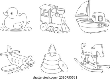 A set of linear illustrations on the theme of retro children's toys. Vector drawings of a duck, an airplane, a steam train, a boat, a pyramid, a horse