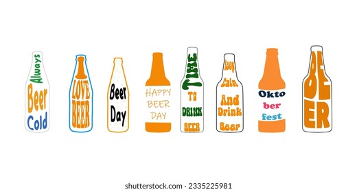 set linear image of beer bottles. quotes about beer on the bottle. Vector illustration. The concept of alcohol, Oktoberfest, drink.