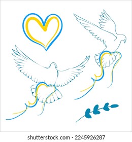 A set of linear images of doves of the flag of Ukraine from yellow and blue ribbons in the form of a heart, a heart and a branch