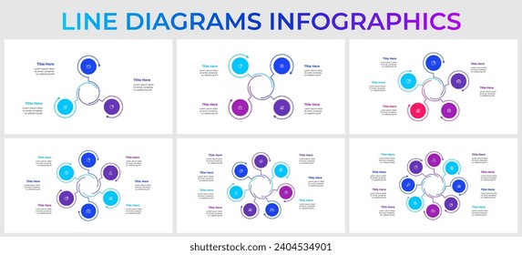 Conjunto de elementos infográficos lineales de la plantilla de diagrama de ciclo con círculos e iconos de 3, 4, 5, 6, 7 y 8