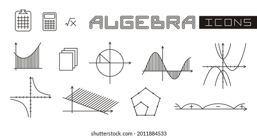 A set of linear isolated elements for algebra. Algebraic graphs of mathematical functions. Vector illustration for school textbooks, educational projects, maths banners and posters.