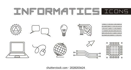 A set of linear isolated elements for informatics. Microprocessor, circuit, laptop and other high-tech objects Vector illustration for educational projects, banners and posters.