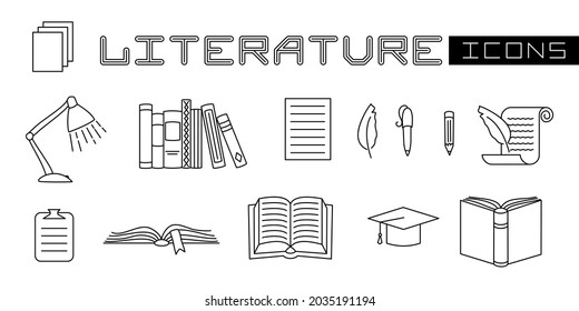 A set of linear isolated elements for literature. Book, pen, pecil, lamp, bookshelf. Vector illustration on the theme of Library, books, reading.
