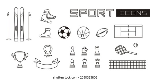 A set of linear isolated elements for Sport. Equipment for various sports: skiing, ball games, chess, tennis and others. Vector illustration for banners, posters, training and competition projects.