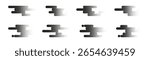 Set of linear Japanese clouds with noise texture. Abstract illustrations of eight black grainy shape designs fading to white over a plain white background in a horizontal row pattern.