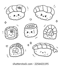 Set of linear kawaii sushi and rolls. Coloring book of cute asian food with funny and happy face in doodle style. Vector illustration