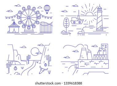 Set of linear landscapes. Attraction or circus, seascape with lighthouse, desert and fortress.