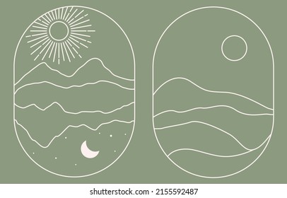 Conjunto de paisajes lineales en estilo boho. Logotipos bohemios: desierto, montañas, colinas en un moderno estilo minimalista. Sol y luna, puesta de sol. Emblemas de viaje. Ilustración vectorial de material.