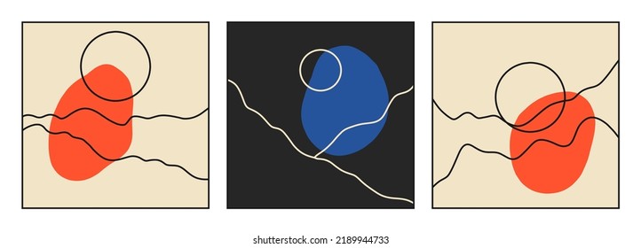 A set of linear landscapes with a bright abstract spot. Abstract mountain modern aesthetic background. Mountains and sun, moon. vector illustration.