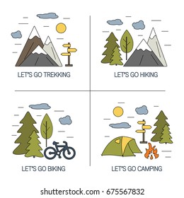 Set of linear landscapes design. Vector illustrations for hiking, trekking, tourism and travels concept. Outdoor line icons with open paths. Summer recreation on fresh air.