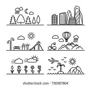 Set of Linear landscapes with wild forest and city park, urban buildings and mountain nature, sea sceneries and flowers field isolated on white. Vector illustration