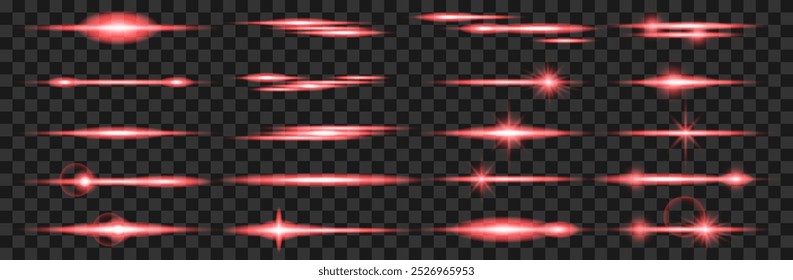 Set of linear light effects, flashes, sparks. Horizontal light lines. Set of vector suns. Realistic vector illustration set of luminous laser ray with glitter. Bright shine streak with overlay effect