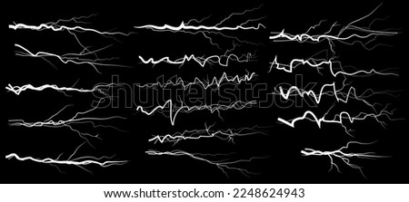 Set of linear lightning bolts on a black screen. Vector illustrations to add the effect of energy and current to the design.