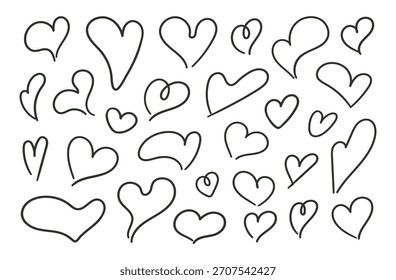 Set of linear liquid hand drawn heart icons. Romantic designs, valentine’s day cards, wedding, logos, stickers. Vector illustration.