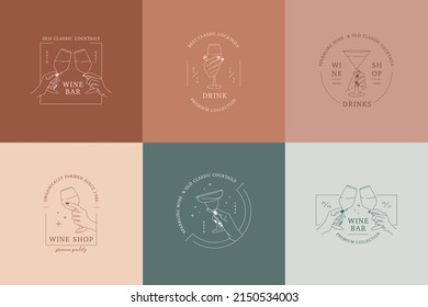 Set of linear logos or emblem template for alcohol store, wine bar, drink shop, cocktail cafe. Hands in different gestures hold glasses of drink. Vector Illustrations isolated on colorful squares