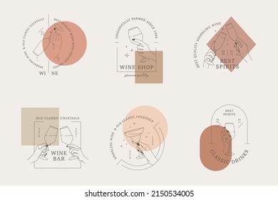 Set of linear logos or emblem template  with abstract shapes for alcohol store, wine bar, drink shop, cocktail cafe. Hands in different gestures hold glasses of drink. Vector Illustrations 