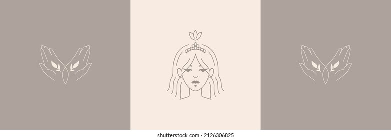 Set Of Linear Logos. Stylized Image Of A Woman's Face And Hands. Logo For Women's Business, Beauty Salon, Make-up Artist, Massage Therapist. Portrait Of A Beautiful Girl. Self-care, Self-love, Health