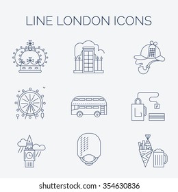 Set of linear London icons. Main London landmarks in trendy linear style. 