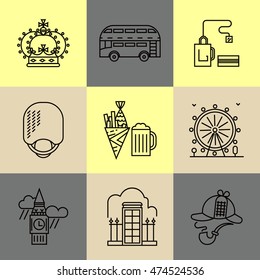 Set of linear London icons.
Main London landmarks. Fish and chips, london bus, tea and others. Poster design or postcard illustration.