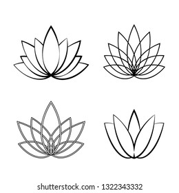 Set of Linear lotus icon. Sketch flower symbols on white. Vector floral labels for yoga center, spa, beauty salon.