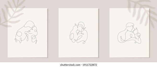 Set linear lovers. Continuous linear silhouette of people. Outline hand drawn of avatars . Linear logo in minimal style for beauty salon, makeup artist, stylist