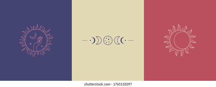 Set of linear magic signs and symbols. Mysterious illustrations. A logo for an isoteric store, for a witch. Silhouette of a hand in a circle holds the moon and stars, lunar eclipse, stylized sun.