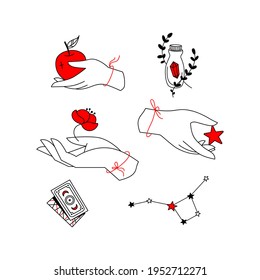 Set of linear magic symbols, female hand logos. Mysterious illustrations. Logo for the witch. Hand holds a star, an apple, a flower, a stylized constellation, tarot cards, a bottle of potion