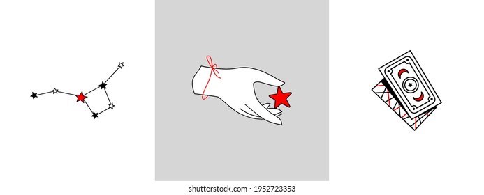 Set of linear magic symbols, logos, female hand, stars, divination by tarot cards. Mysterious illustrations. Logo for womens business, witches. Hand holds a star, stylized constellation and magic card