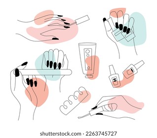 Set of linear manicure. Collection of minimalist female hands with painted nails. File and varnish, cream. Beauty and aesthetics. Cartoon flat vector illustrations isolated on white background