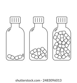 Set of linear medical bottles with pills, full, half filled and empty of drugs